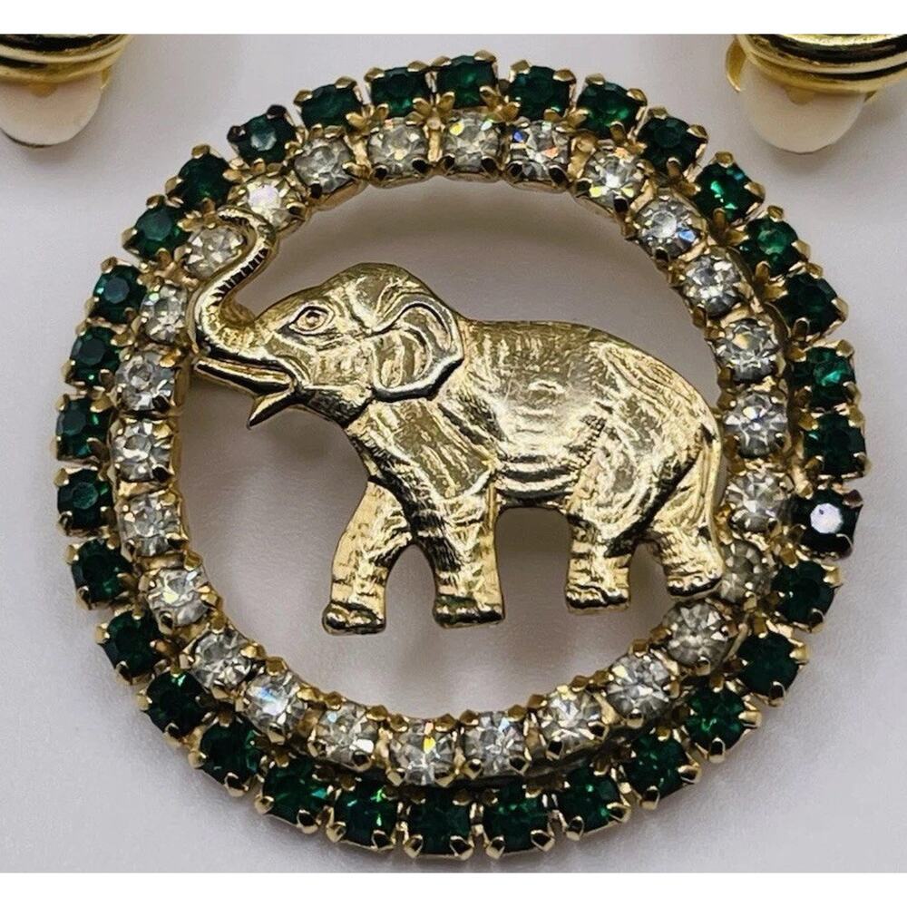 Joseph Warner Elephant Brooch Rhinestones With Green Earrings St Paddy's Day Set